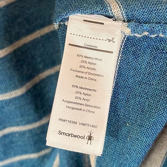 Smartwool Merino Wool Blend V-Neck Split Stripe Relaxed Sweater Blue White - Picture 8 of 8